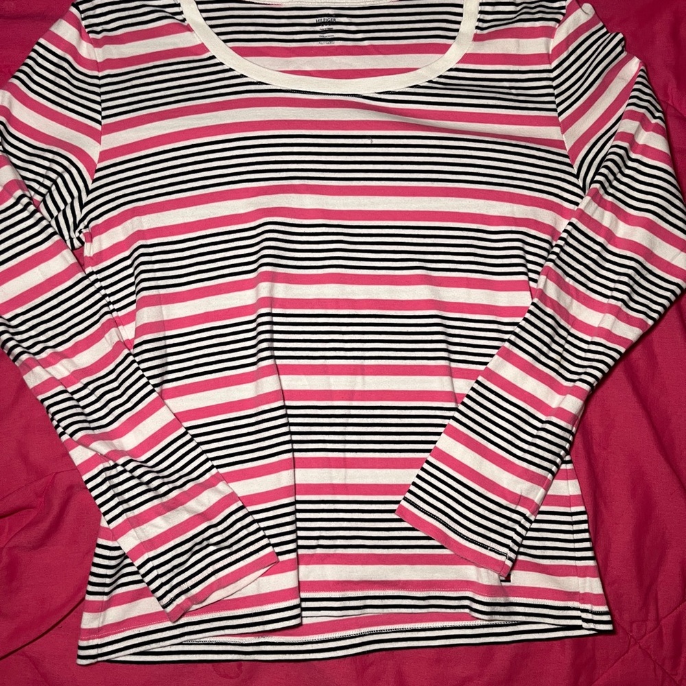 Pink Black White Women’s Tommy Hilfiger Striped Pullover Sweater Size XL